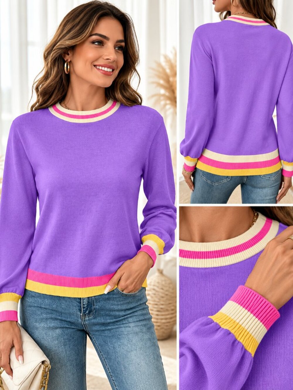 SHEWIN Purple Color Block Sweater Medium Crew Neck Long Sleeve Relaxed Fit